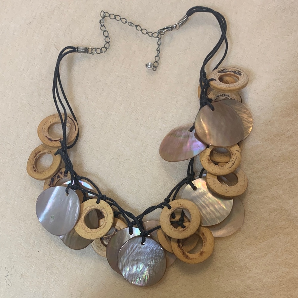 Shell Wood Necklace - Beach Boho Statement  - Black Cord & Chain - 15-19 inches